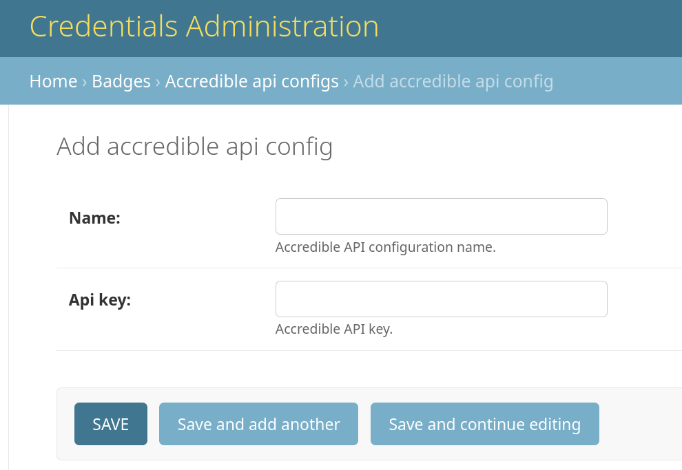 Add Accredible API config form showing the Name and Api key fields.
