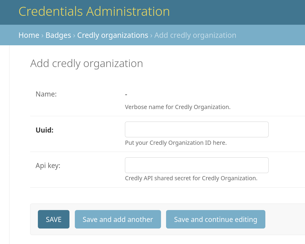 Add Credly organization form showing the Uuid and Api key fields.
